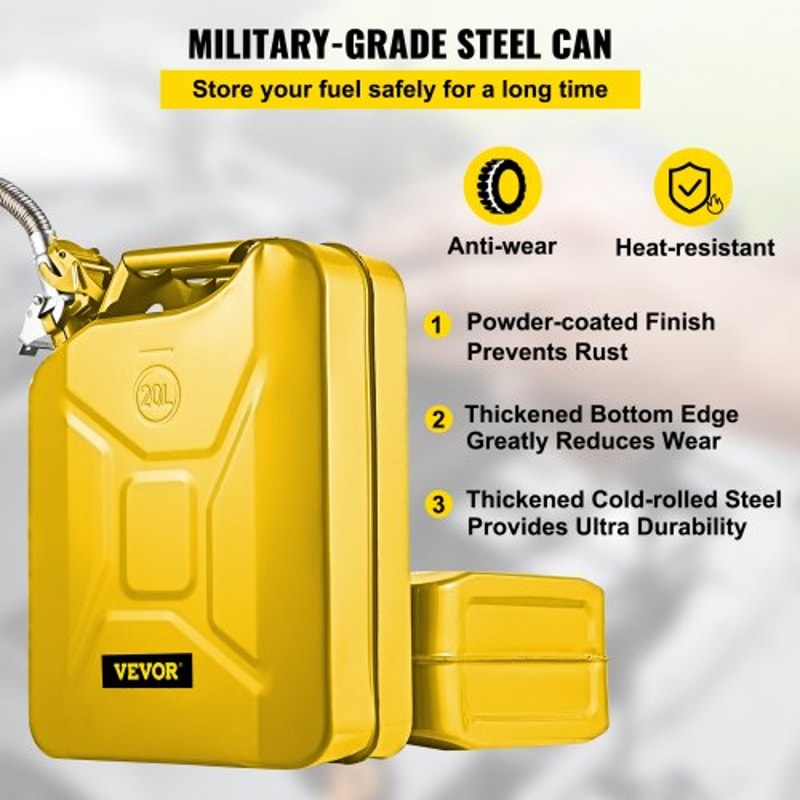 HeavyDuty 20L Jerry Fuel Can Rustproof Yellow Steel Gas Container With Long Flexible Spout For Cars 3