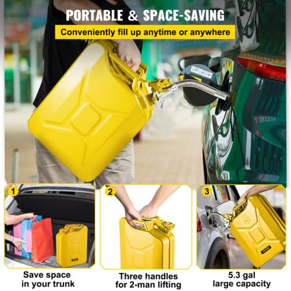 HeavyDuty 20L Jerry Fuel Can Rustproof Yellow Steel Gas Container With Long Flexible Spout For Cars 6