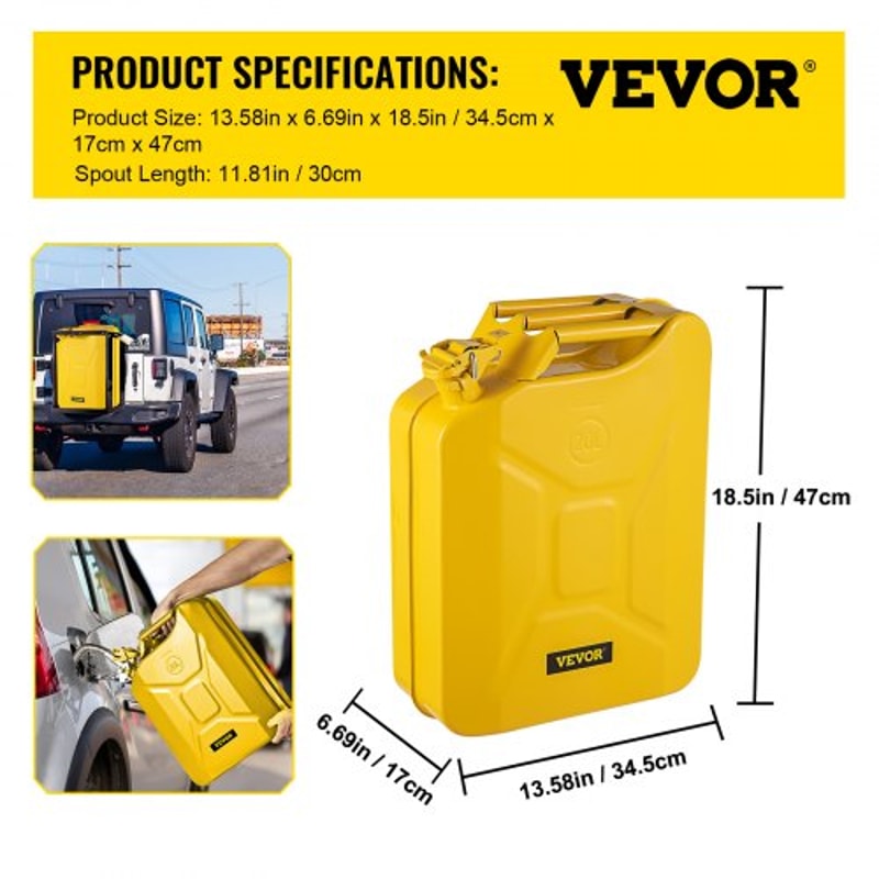 HeavyDuty 20L Jerry Fuel Can Rustproof Yellow Steel Gas Container With Long Flexible Spout For Cars 7