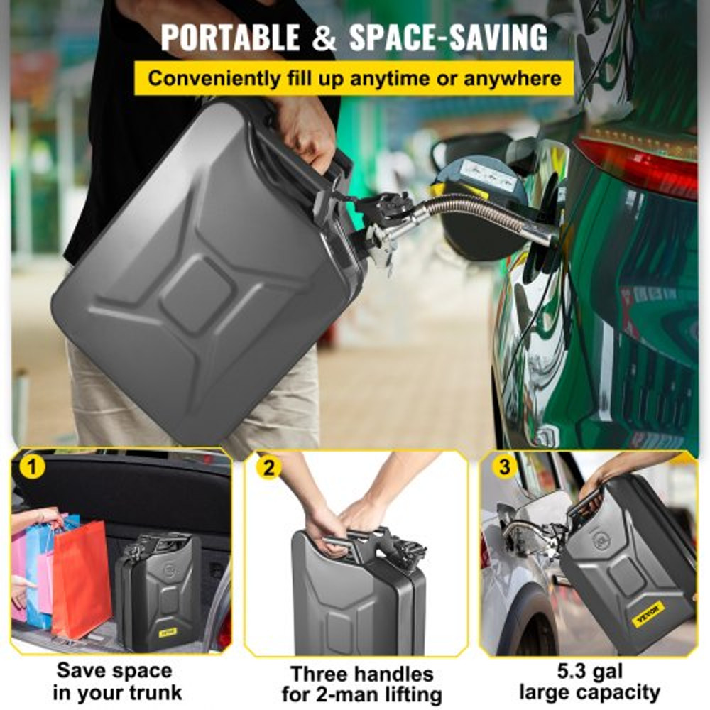 Portable Jerry Fuel Can, Rustproof & Heat-Resistant Steel Gas Can with Flexible Spout System for Cars, Trucks