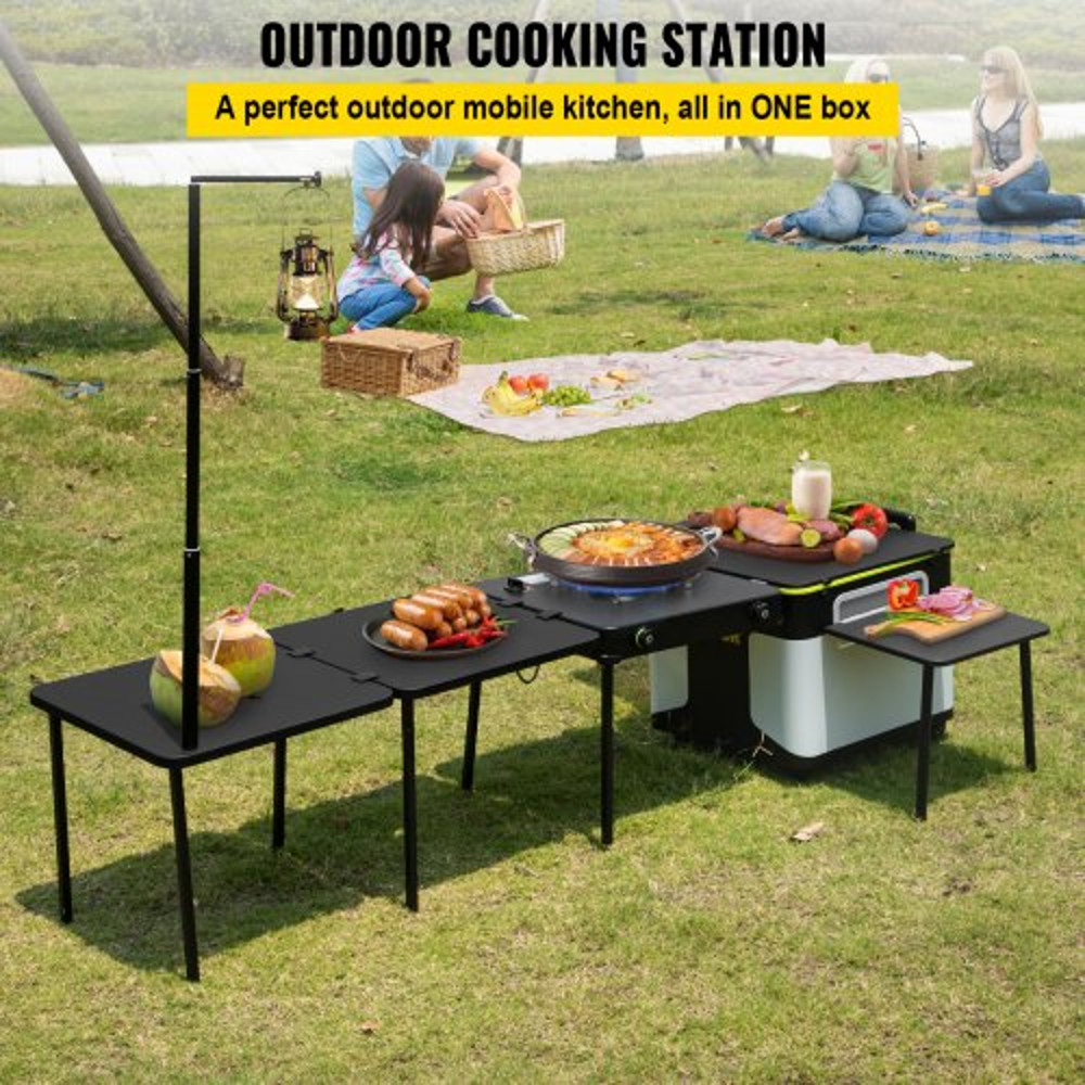 Portable Outdoor Mobile Kitchen, All-in-One Camp Box with Wheels, Folding Tables, Storage Organizer & Windproof Stove