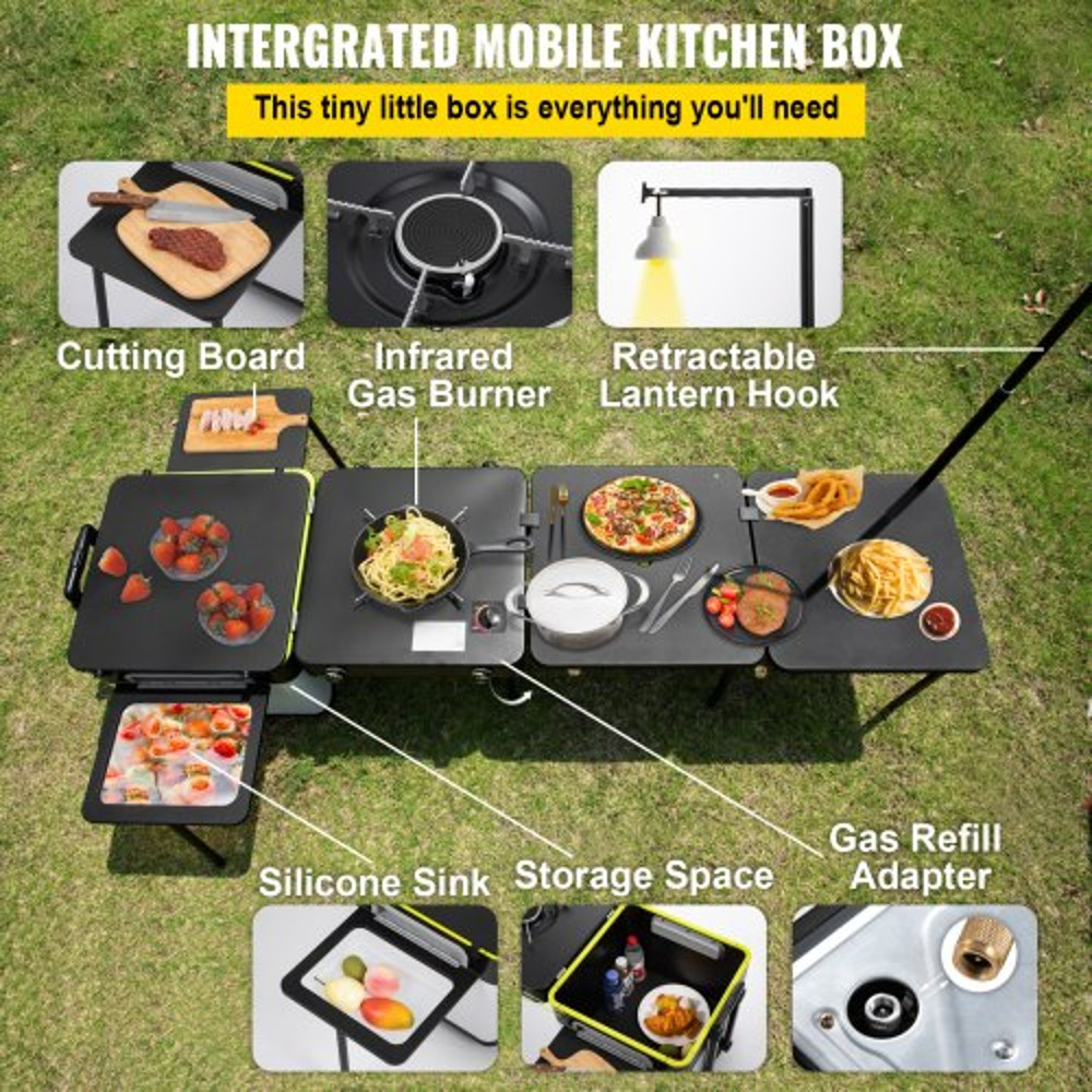 Portable Outdoor Mobile Kitchen, All-in-One Camp Box with Wheels, Folding Tables, Storage Organizer & Windproof Stove