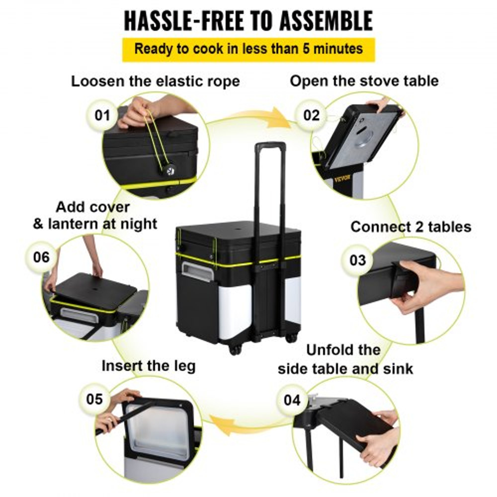 Portable Outdoor Mobile Kitchen, All-in-One Camp Box with Wheels, Folding Tables, Storage Organizer & Windproof Stove