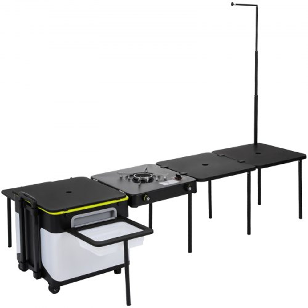 Portable Outdoor Mobile Kitchen, All-in-One Camp Box with Wheels, Folding Tables, Storage Organizer & Windproof Stove