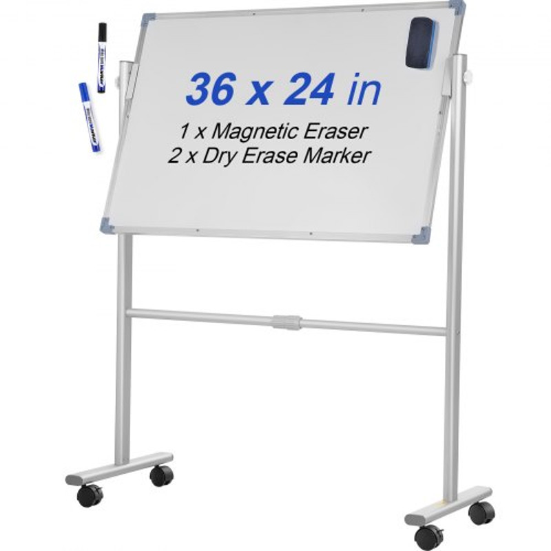 Mobile Magnetic Whiteboard, Double Sided Reversible Rolling Dry Erase Board, Height Adjustable with Aluminum Frame