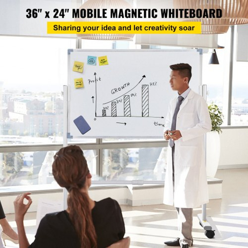 Mobile Magnetic Whiteboard, Double Sided Reversible Rolling Dry Erase Board, Height Adjustable with Aluminum Frame
