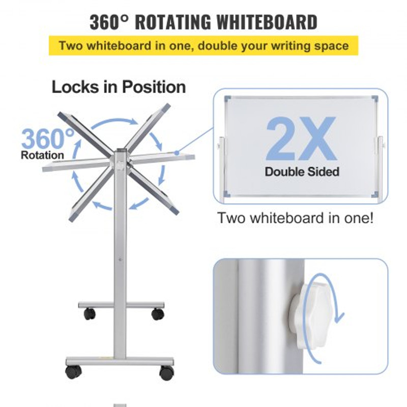 Mobile Magnetic Whiteboard, Double Sided Reversible Rolling Dry Erase Board, Height Adjustable with Aluminum Frame