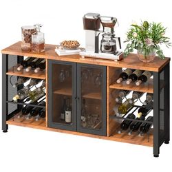 rustic oak industrial bar cabinet, wine table for liquor with glass holder, wine rack & metal sideboard for living room