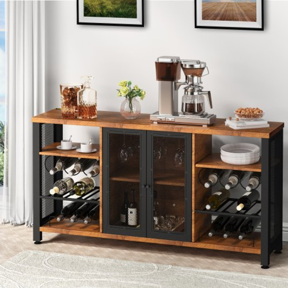 Rustic Oak Industrial Bar Cabinet, Wine Table for Liquor with Glass Holder, Wine Rack & Metal Sideboard for Living Room