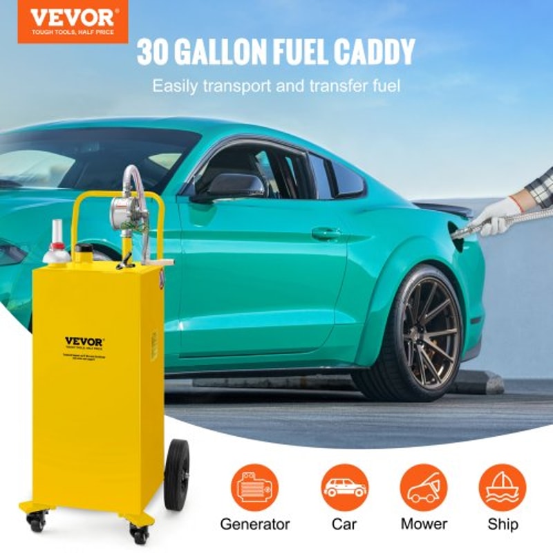 Heavy-Duty Gallon Fuel Caddy, Steel Gas Storage Tank with Manual Transfer Pump & Wheels, Gasoline Diesel Fuel Container