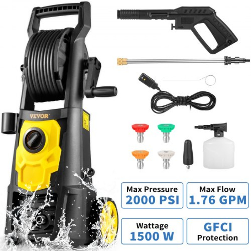 2000PSI 1.76 GPM Power Washer w/ 30 ft Hose, 5 Quick Connect Nozzles & Foam Cannon, Portable Electric Pressure Washer