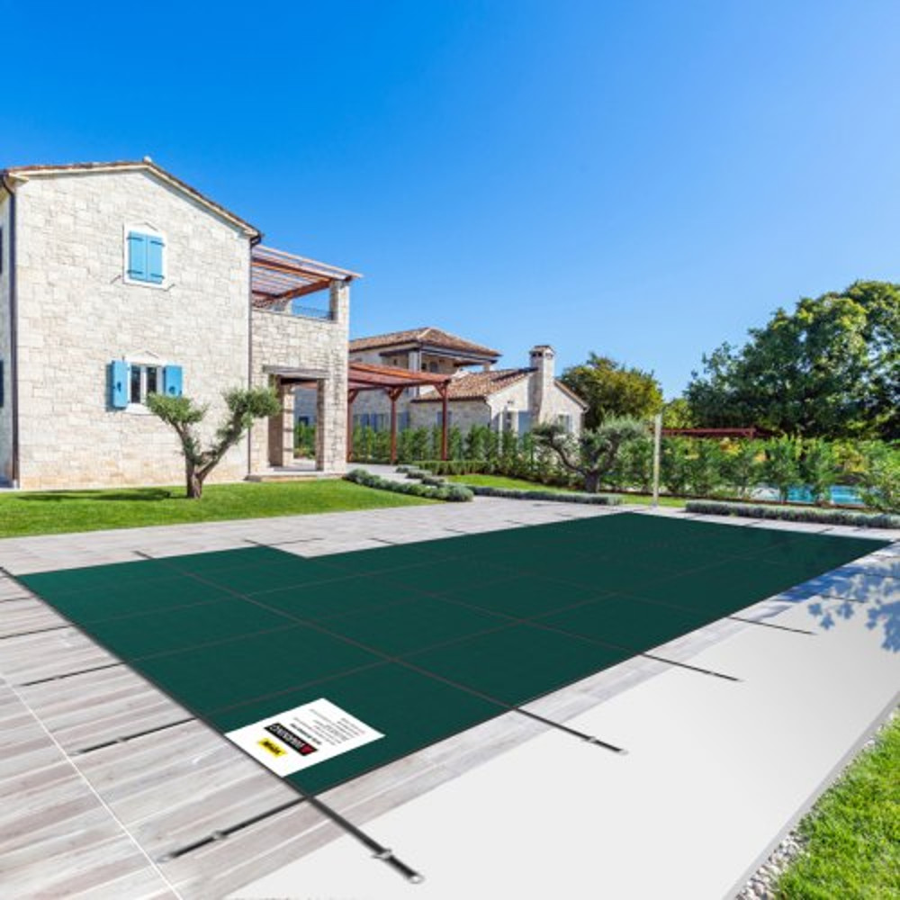 20x38 ft Rectangular Winter Pool Cover with Right Step, High-Strength Mesh PP Material, Triple-Stitched, Rain-Permeable