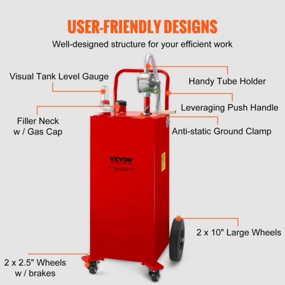 35 Gallon Fuel Storage Tank HeavyDuty Steel Gas Caddy W Manual Pump 4 Wheels Transport Gasoline 4
