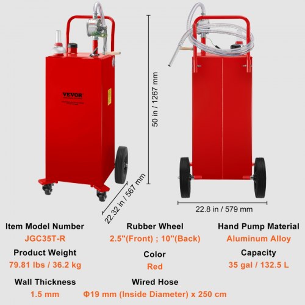 35 Gallon Fuel Storage Tank HeavyDuty Steel Gas Caddy W Manual Pump 4 Wheels Transport Gasoline 7