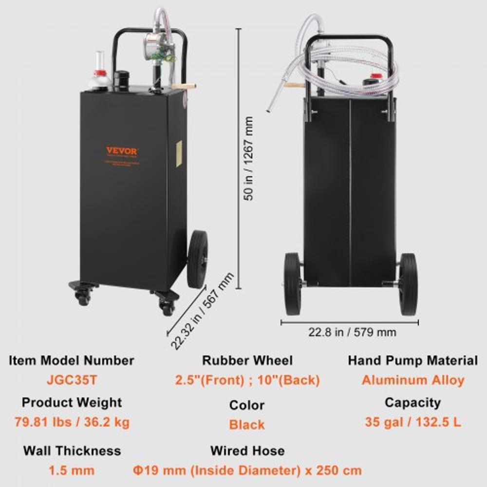 35Gallon Fuel Caddy HeavyDuty Gas Storage Tank W Manual Transfer Pump 4 Wheels Portable DieselGaso 7