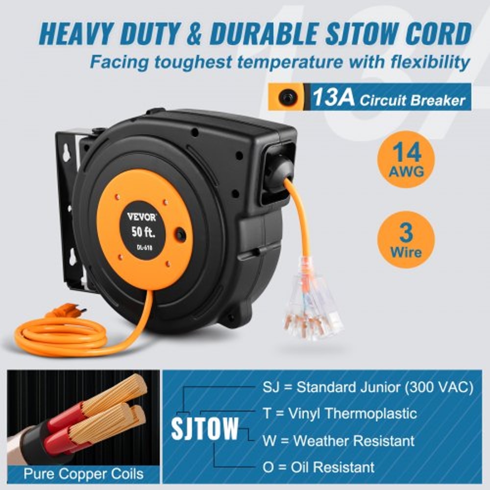 Heavy Duty Retractable Extension Cord Reel Power Cord With Outlets 3