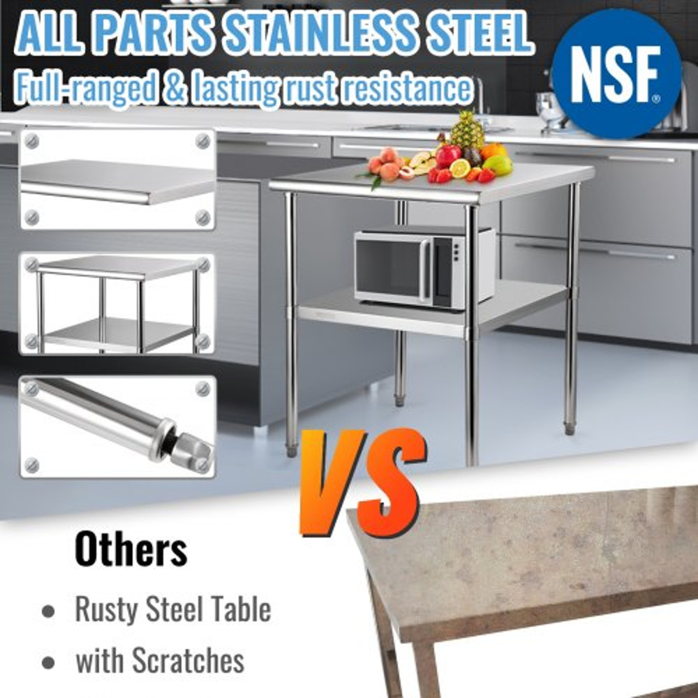Stainless Steel Work Table Heavy Duty Metal Adjustable Undershelf Feet Commercial Prep Table 7