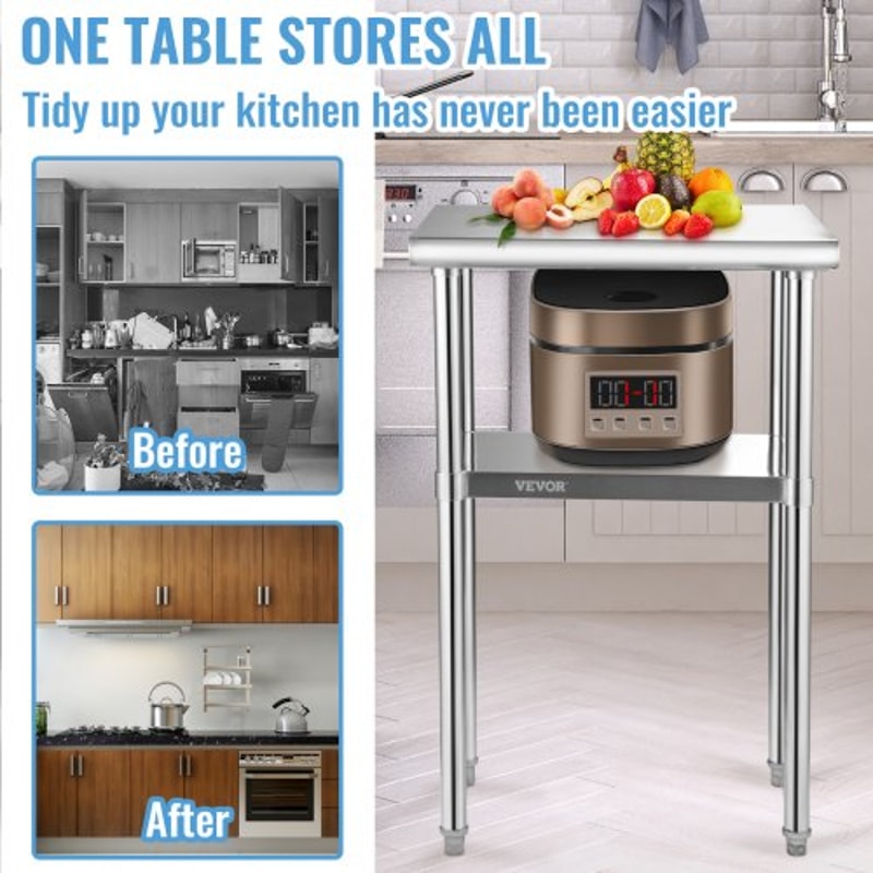 Heavy Duty Stainless Steel Prep Table Adjustable Undershelf 600lbs Load Capacity For Kitchen Restau 1