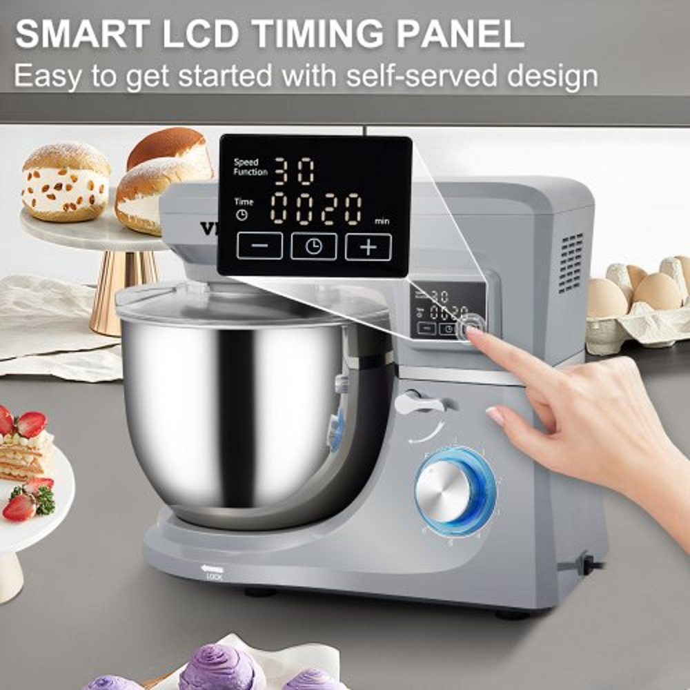 Electric Dough Mixer with Speeds & LCD Timer, Tilt-Head Food Mixer, Qt Stainless Steel Bowl, Dough Hook, Flat Beater