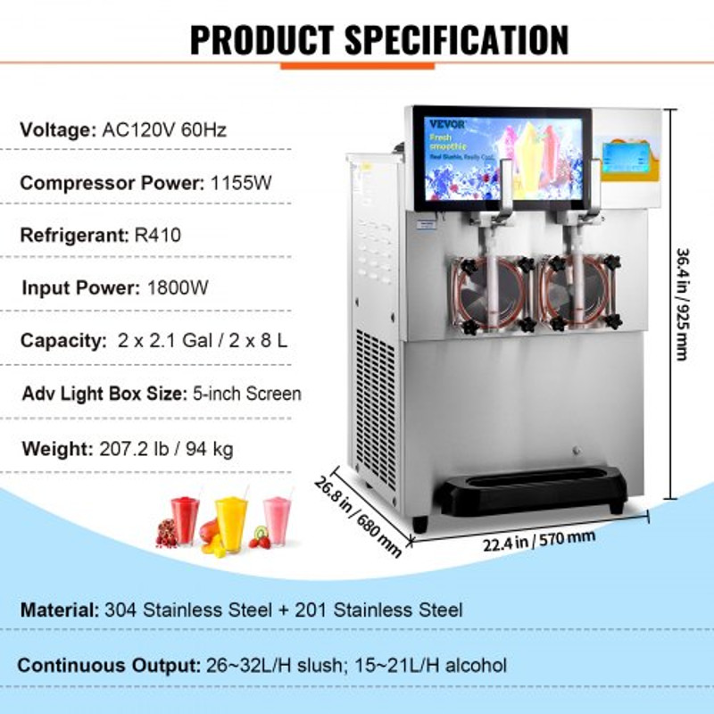 Commercial Slushy Machine, Double Bowl Margarita Machine, Stainless Steel Smoothie & Frozen Drink Maker for Parties