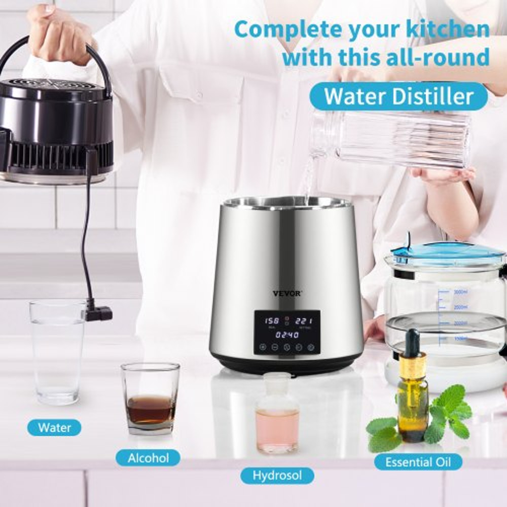 Distilled Water Maker Machine, Dual Temp Display, Stainless Steel, with Glass Carafe, Cleaning Powder, and Carbon Packs