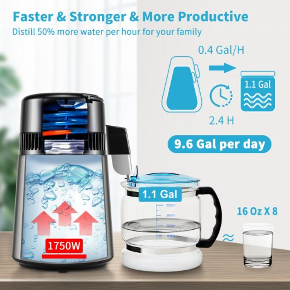 Distilled Water Maker Machine, Dual Temp Display, Stainless Steel, with Glass Carafe, Cleaning Powder, and Carbon Packs