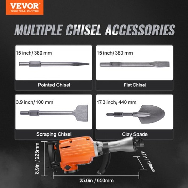 Heavy Duty Electric Jack Hammer BPM Concrete Breaker With Chisels Rotating Handle Vibration Absorb 7