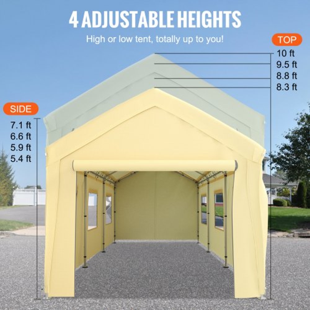 Heavy Duty Car Canopy With Legs Sidewalls Windows Yellow Adjustable Peak Height Car Garage Tent For 3