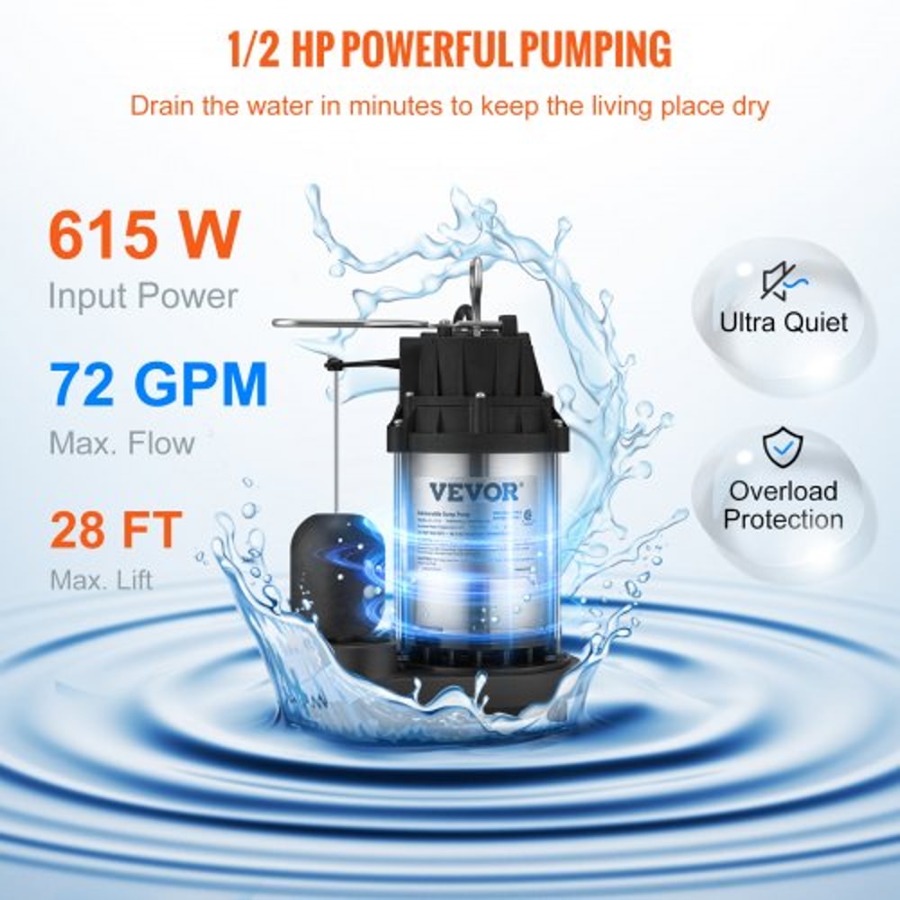 Sump Pump GPH Submersible Stainless Steel Water Pump With Automatic Float Switch For Basement Use 4