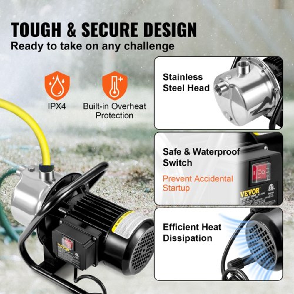 Portable Stainless Steel Garden Jet Pump Shallow Well Pump GPH Height Max Pressure Sprinkle Booster 4