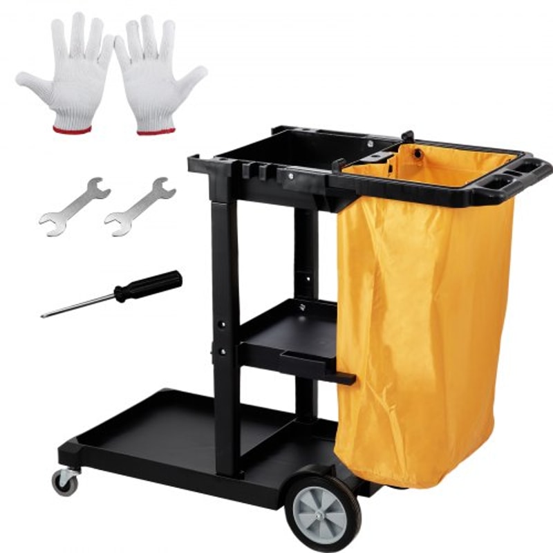 Cleaning Cart With PVC Bag Shelf Plastic Janitorial Trolley High Lbs Capacity Housekeeping Cart 0