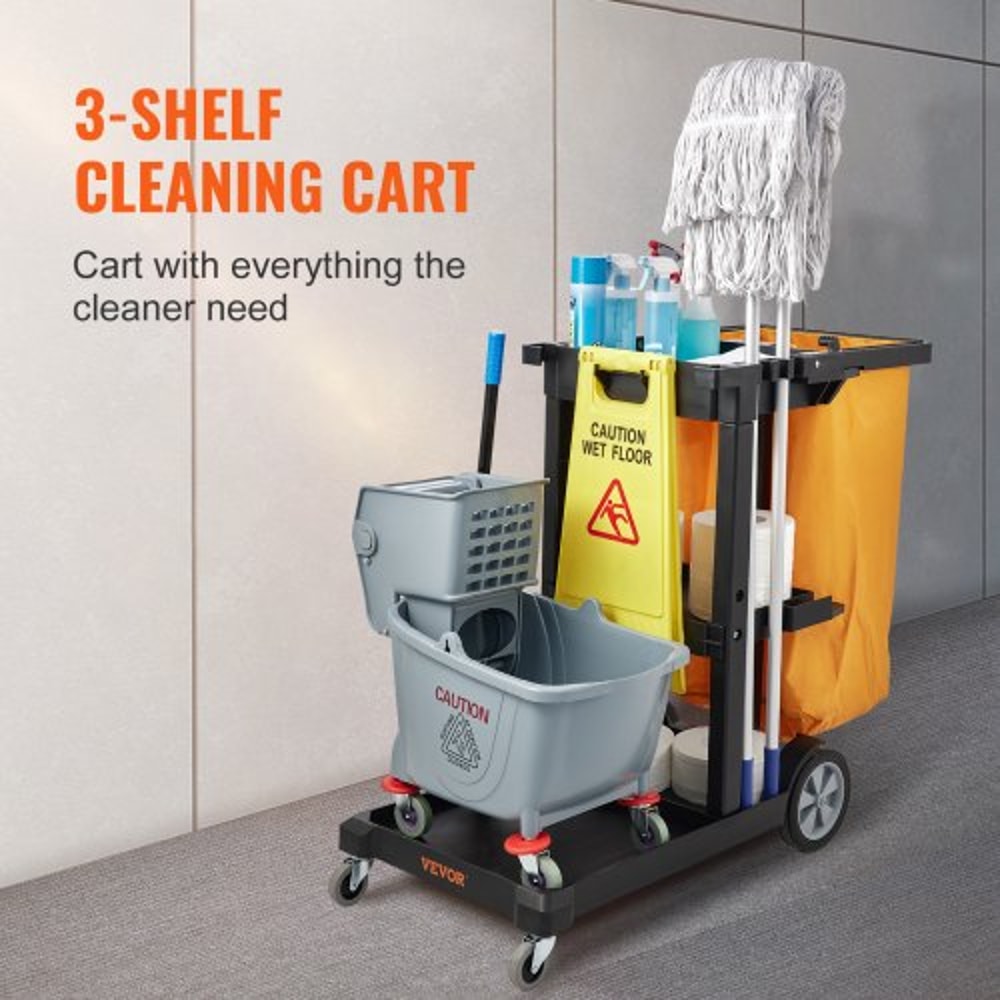 Cleaning Cart With PVC Bag Shelf Plastic Janitorial Trolley High Lbs Capacity Housekeeping Cart 1