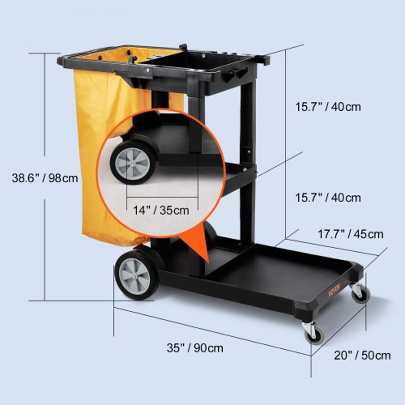 Cleaning Cart With PVC Bag Shelf Plastic Janitorial Trolley High Lbs Capacity Housekeeping Cart 7