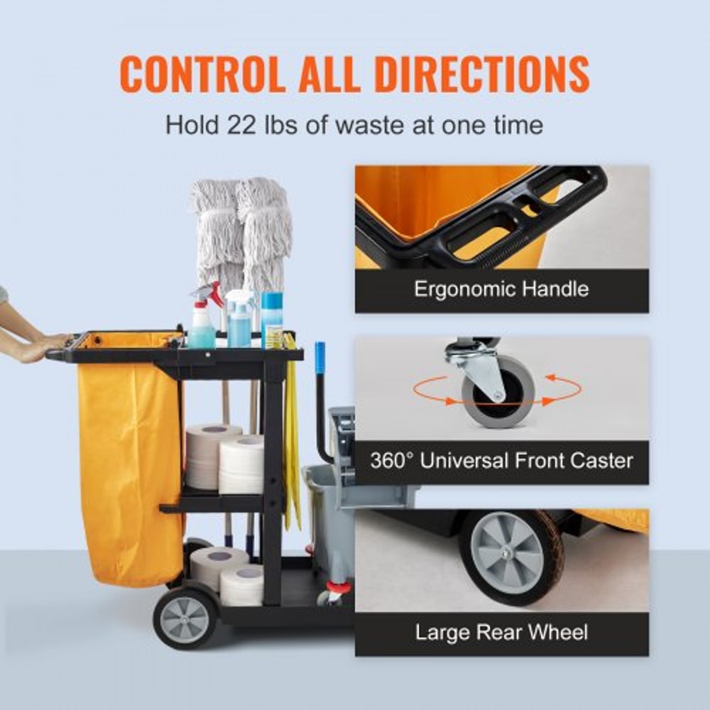 Cleaning Cart With PVC Bag Shelf Plastic Janitorial Trolley High Lbs Capacity Housekeeping Cart 4