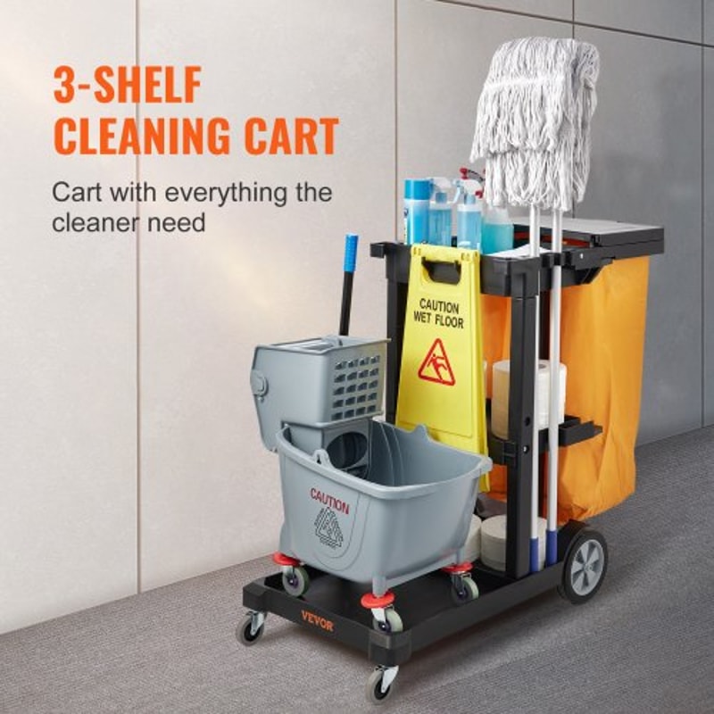 Plastic Housekeeping Cart Shelf Commercial Janitorial Cart High Lbs Capacity PVC Bag With Cover 3
