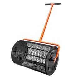 compost spreader, height adjustable handle, lawn and garden peat moss roller, black steel mesh basket with side latches