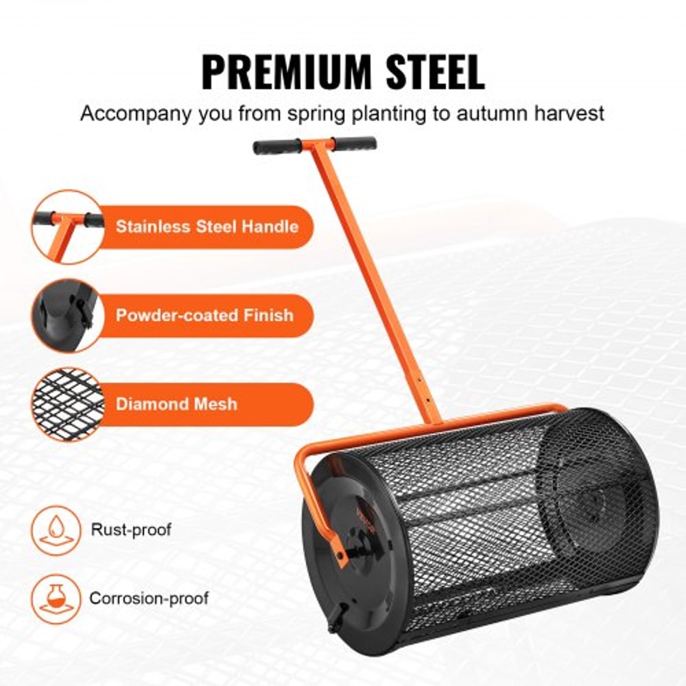 Compost Spreader Height Adjustable Handle Lawn And Garden Peat Moss Roller Black Steel Mesh Basket