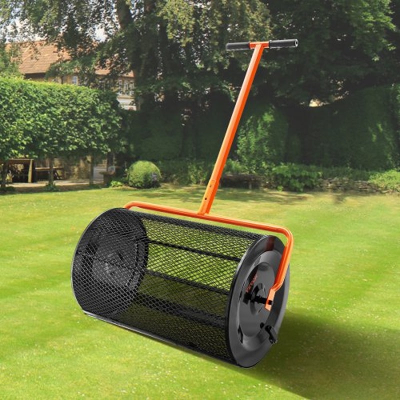 Compost Spreader Height Adjustable Handle Lawn And Garden Peat Moss Roller Black Steel Mesh Basket