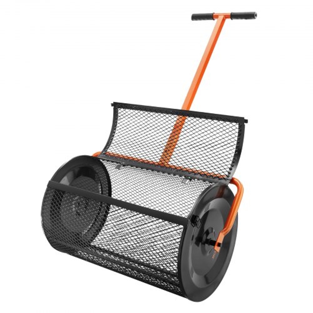 Compost Spreader Height Adjustable Handle Lawn And Garden Peat Moss Roller Black Steel Mesh Basket