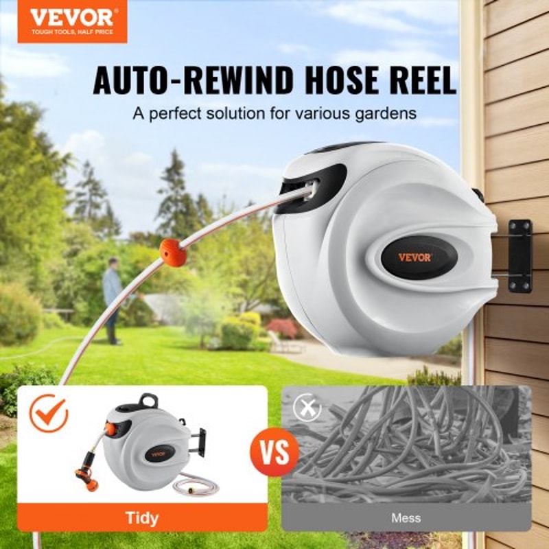 Retractable Garden Hose Reel Wall Mounted Swivel With Auto Rewind And Spray Nozzle 1