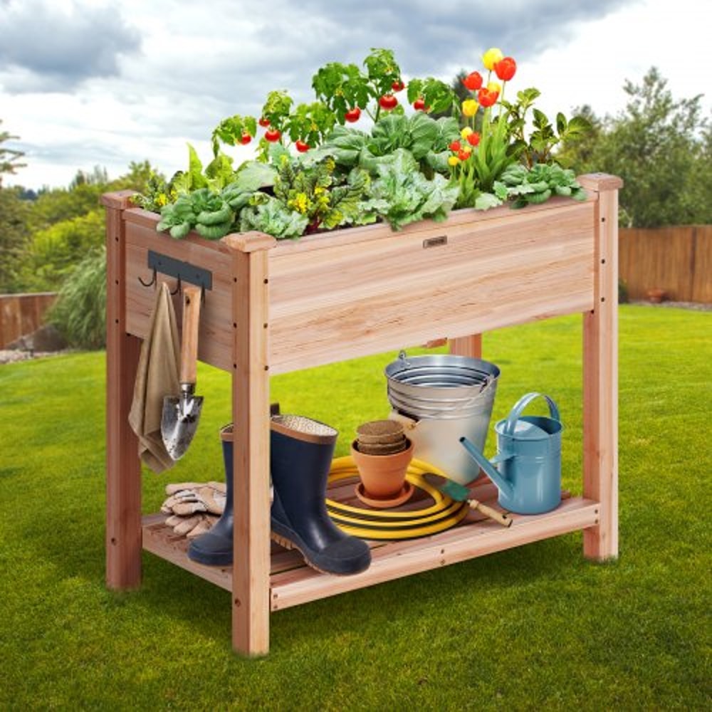 Elevated Wooden Raised Garden Bed Planter Box With Storage Shelf For Outdoor Gardening 6