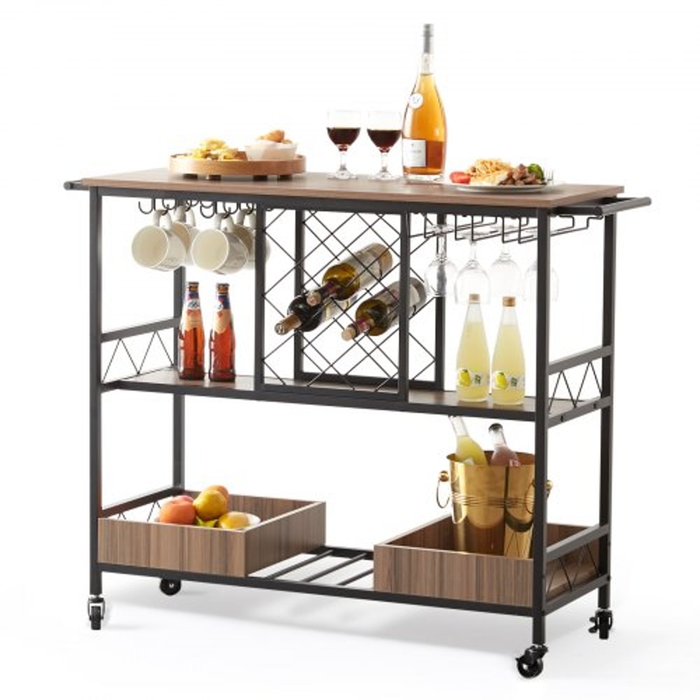 Industrial Bar Cart On Wheels With Wine Rack Glass Holder Rolling Serving Trolley High Lbs Capacit 0
