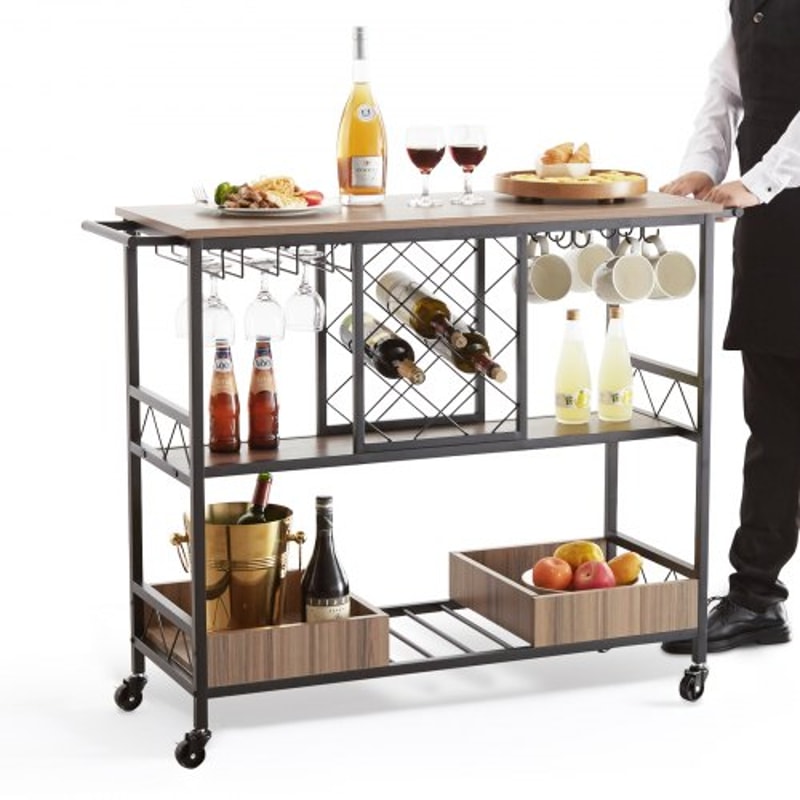 Industrial Bar Cart On Wheels With Wine Rack Glass Holder Rolling Serving Trolley High Lbs Capacit 6