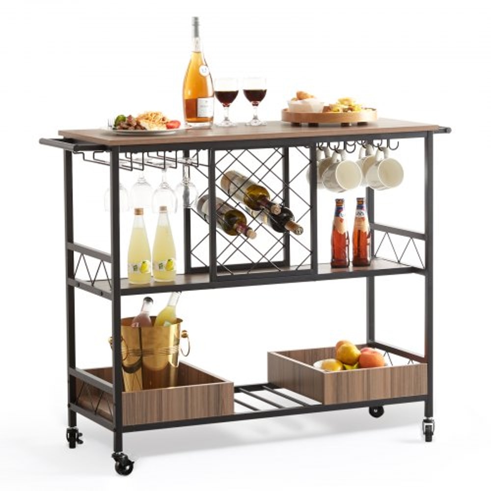 Industrial Bar Cart On Wheels With Wine Rack Glass Holder Rolling Serving Trolley High Lbs Capacit 8