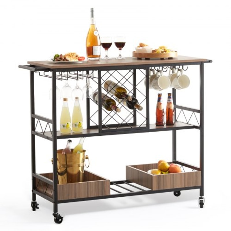 Industrial Bar Cart On Wheels With Wine Rack Glass Holder Rolling Serving Trolley High Lbs Capacit 8