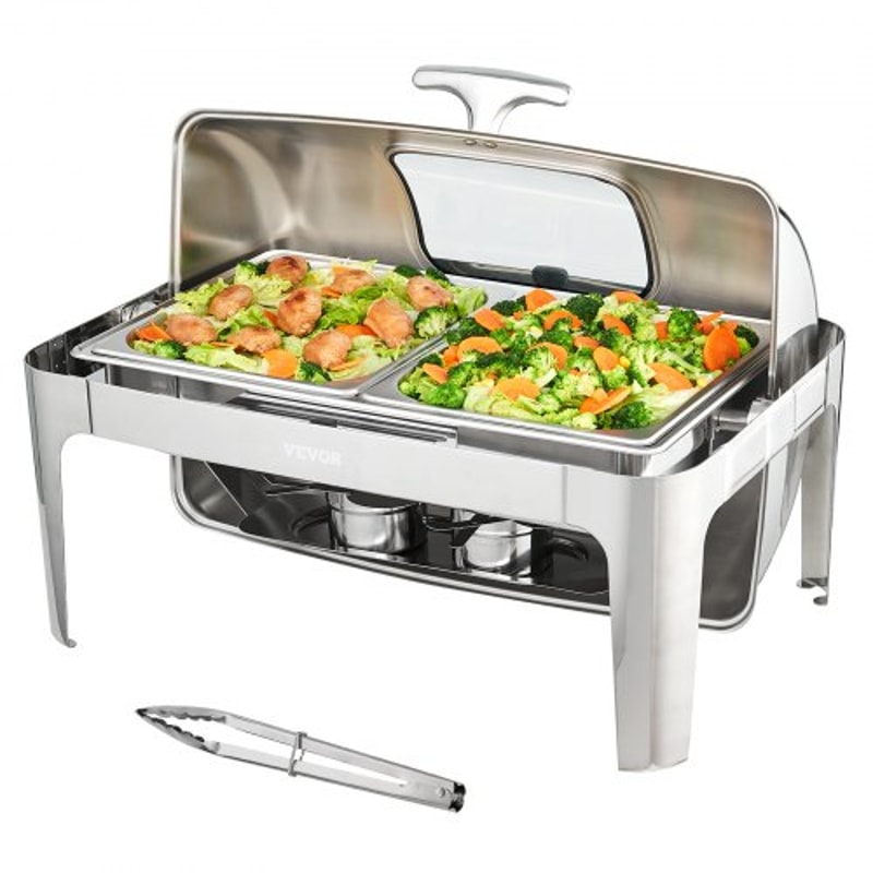 Roll Top Chafing Dish Buffet Set With Glass Lid Stainless Steel Catering Warmer Server 0