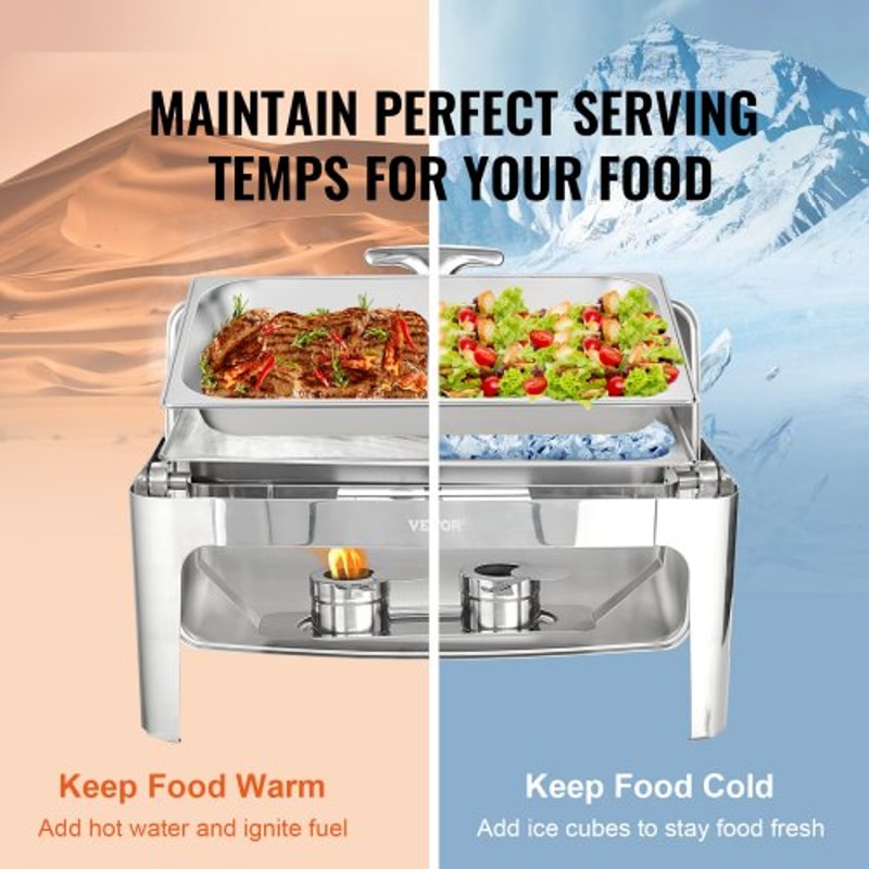 Roll Top Chafing Dish Buffet Set With Glass Lid Stainless Steel Catering Warmer Server 3