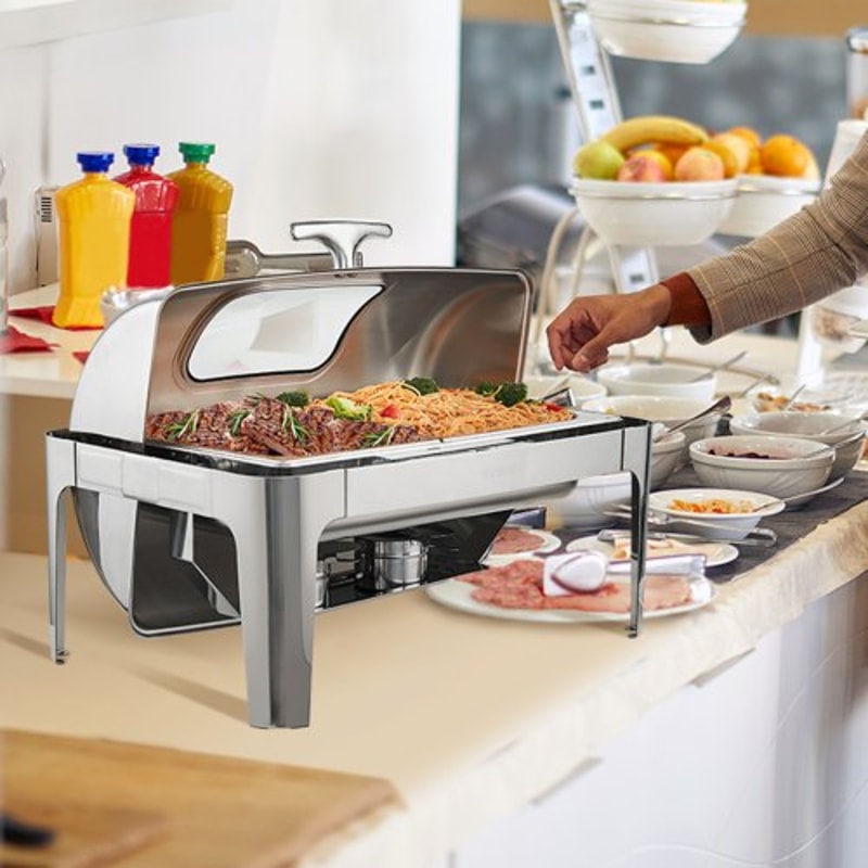 Roll Top Chafing Dish Buffet Set With Glass Lid Stainless Steel Catering Warmer Server 6