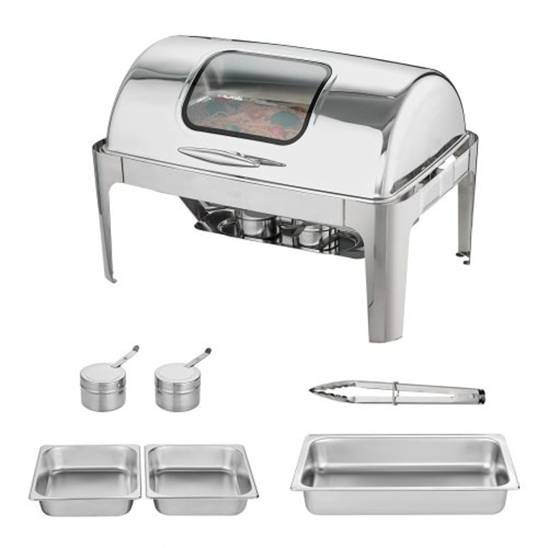 Roll Top Chafing Dish Buffet Set With Glass Lid Stainless Steel Catering Warmer Server 10