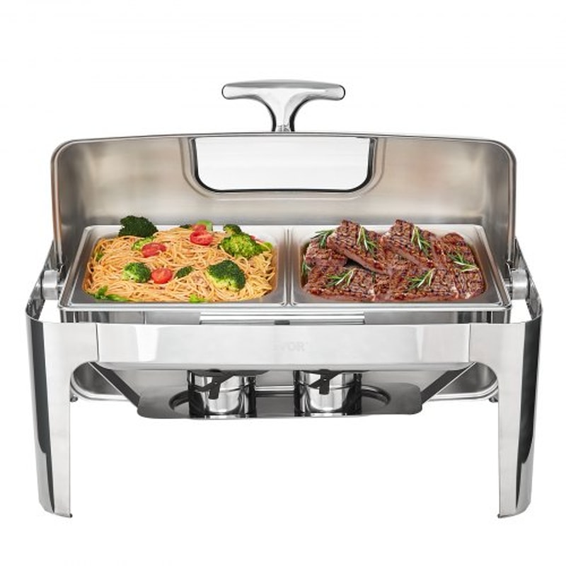 Roll Top Chafing Dish Buffet Set With Glass Lid Stainless Steel Catering Warmer Server 8